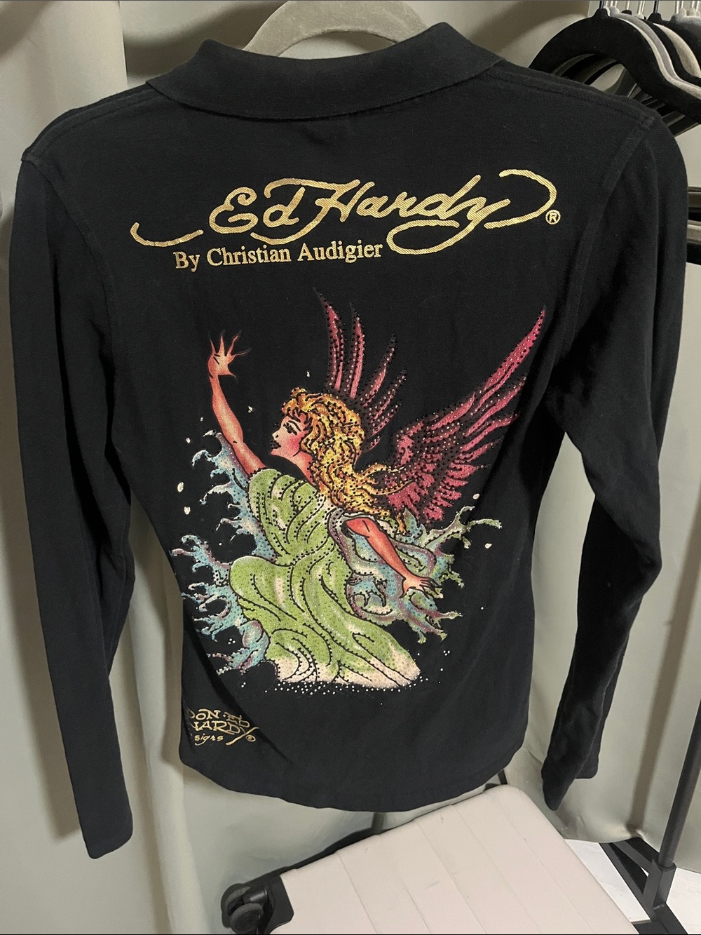 Vintage Ed Hardy Black Long-Sleeve Polo with Fairy Rhinestones